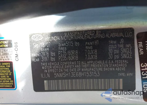 2008 Hyundai Santa Fe Limited/Se z USA, uszkodzony, nr VIN 5NMSH13E68H153153